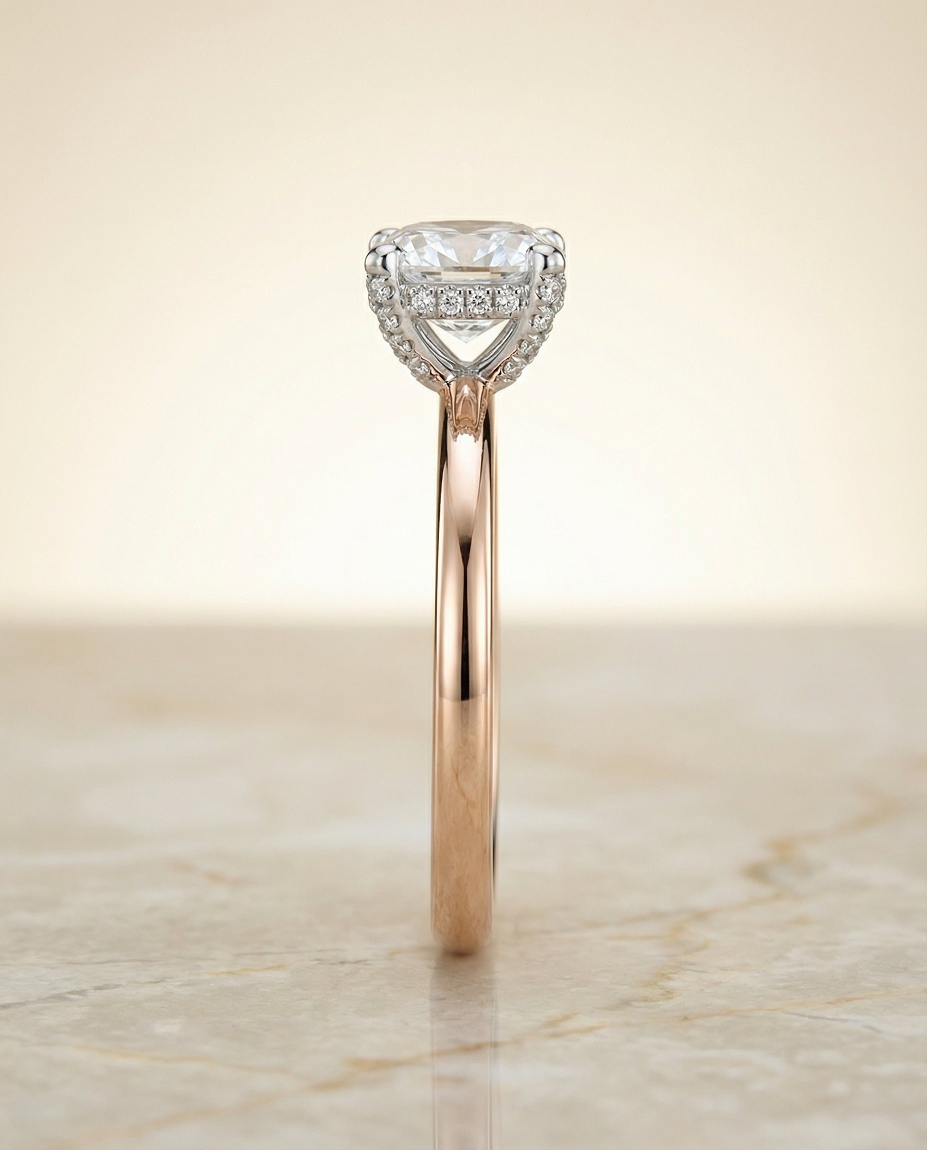 The Annabelle hidden pavé basket crown solitaire cut engagement ring setting, shown in 14K Rose Gold | RockHer