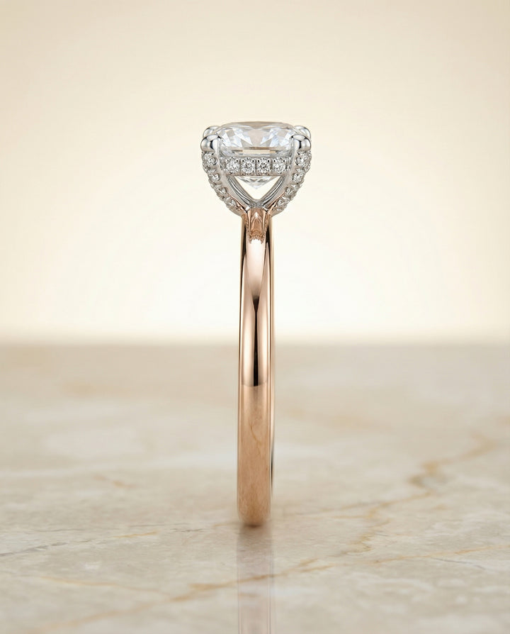Hidden Pavé Basket Crown Solitaire Cushion, in 14K Rose Gold, prong setting – side profile | RockHer