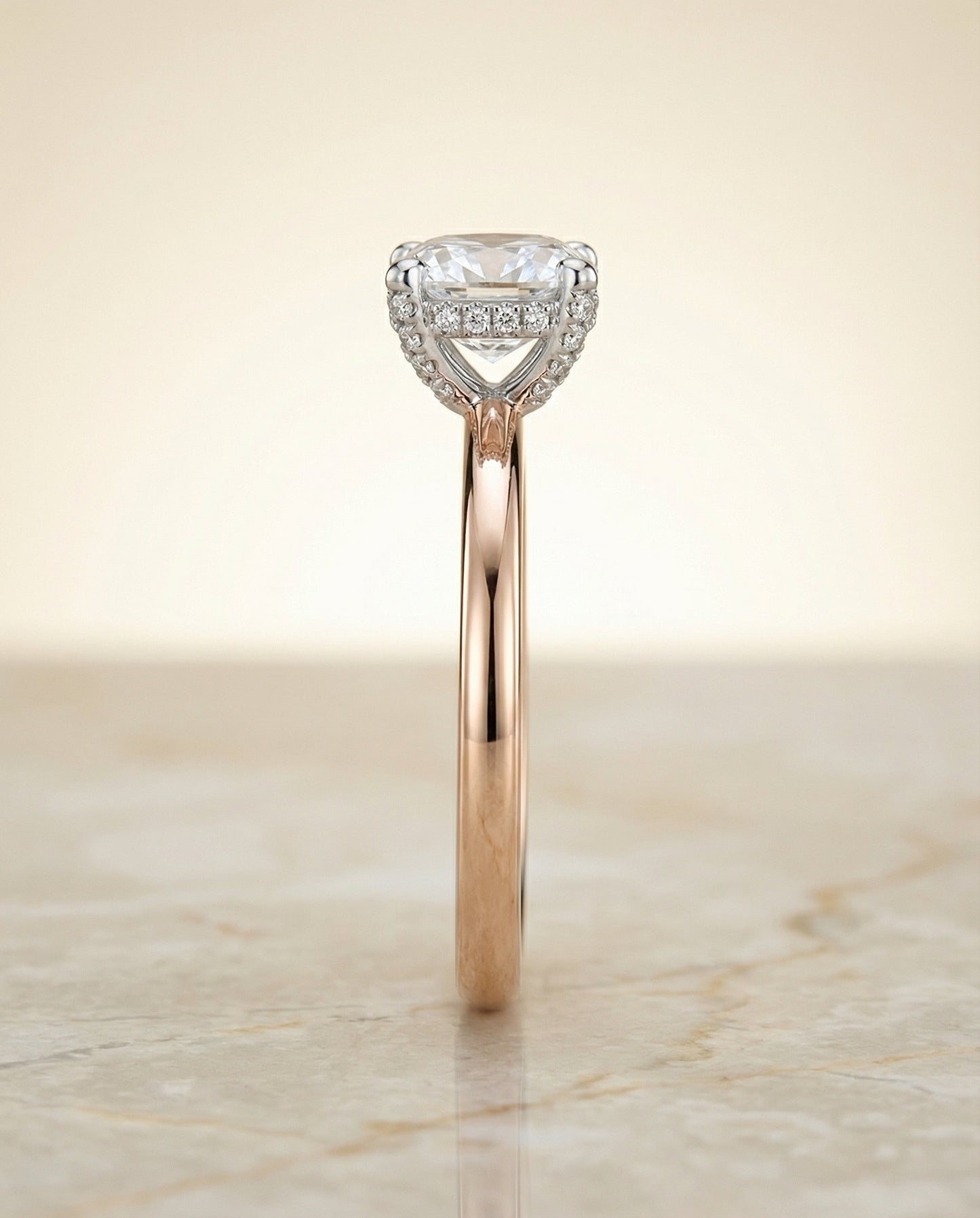 Annabelle Select hidden pavé basket crown solitaire cushion cushion ring in 14K Rose Gold — side — RockHer