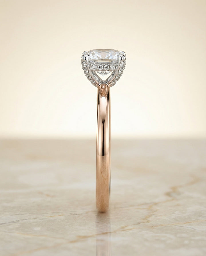 Annabelle Select hidden pavé basket crown solitaire cushion cushion ring in 14K Rose Gold — side — RockHer