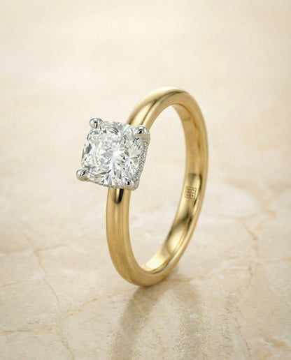Annabelle Select Hidden Pavé Basket Crown Solitaire Cu Cushion Cut Lab Diamond Engagement Ring in 18K Yellow Gold, alternate angle | RockHer