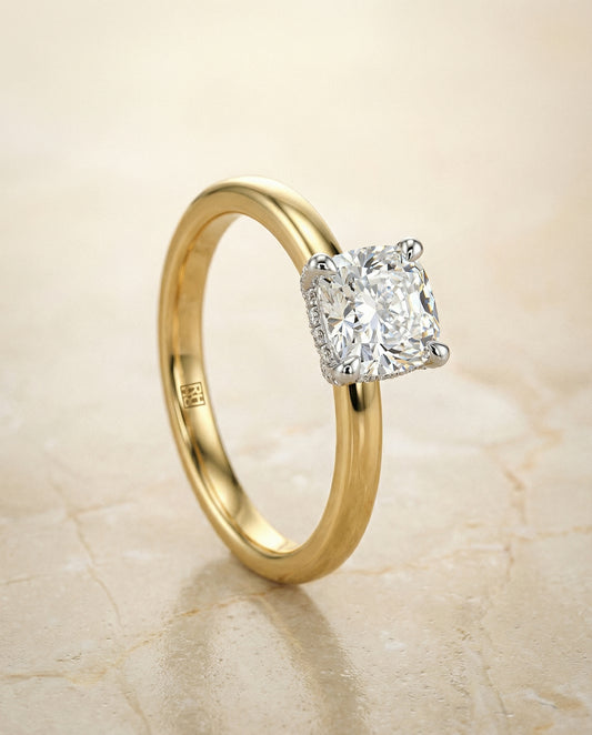 Hidden Pavé Basket Crown Solitaire Cushion Engagement Ring Setting in 14K Yellow Gold