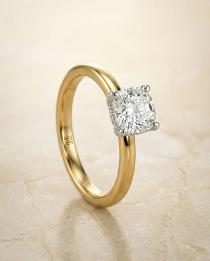 Annabelle Select hidden pavé basket crown solitaire cushion cushion ring in 14K Yellow Gold — front — RockHer