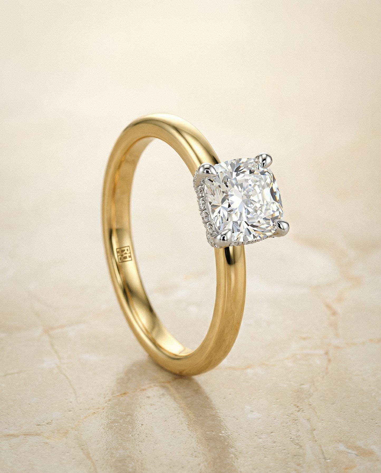Hidden Pavé Basket Crown Solitaire Cushion, in 18K Yellow Gold – front view | RockHer