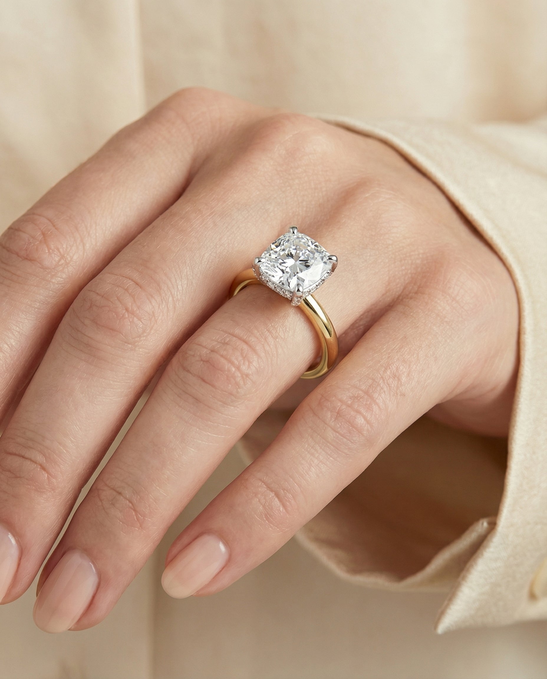 The Annabelle engagement ring setting in 18K Yellow Gold, hidden pavé basket crown solitaire cut design | RockHer