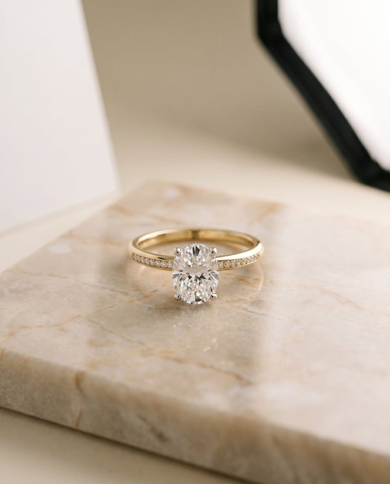 The Brenda Select 18ky With High Hidden Halo Prong Set Diamonds Ey80312hivs Ov100 Oval Lab Diamond Engagement Ring in 18K Yellow Gold