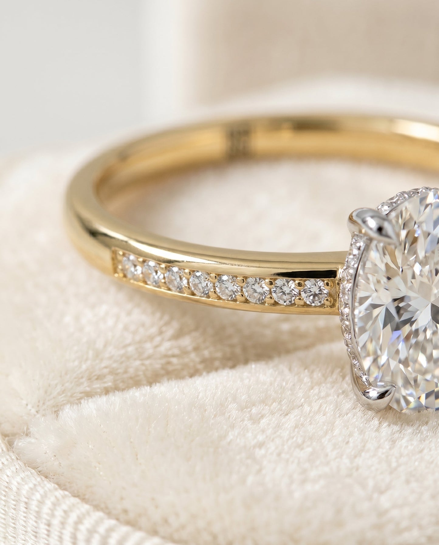Brenda Select 18ky With High Hidden Halo Prong Set Diamonds Ey80312hivs Ov100 Oval Lab Diamond Engagement Ring in 18K Yellow Gold, detail view | RockHer