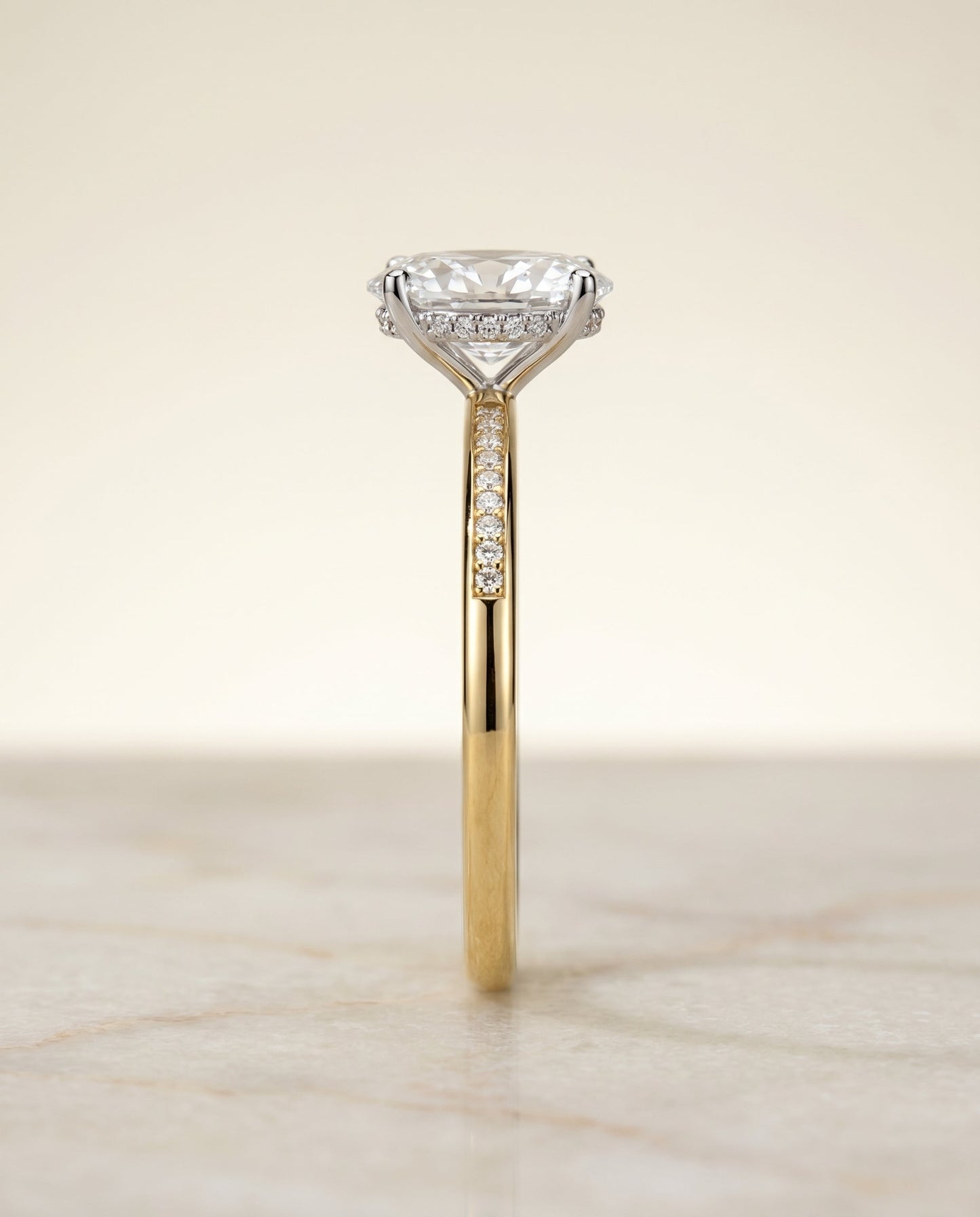 Brenda Select 18ky With High Hidden Halo Prong Set Diamonds Ey80312hivs Ov100 Oval Lab Diamond Engagement Ring in 14K Yellow Gold, side view | RockHer