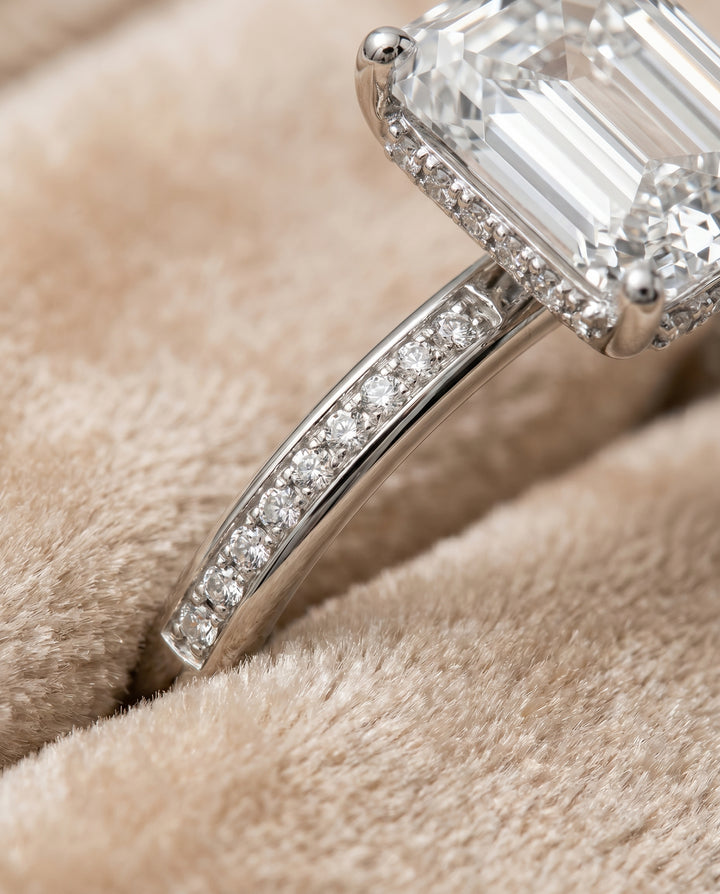 The Brenda Hidden Halo Engagement Ring Setting for Emerald Diamonds in 18K White Gold