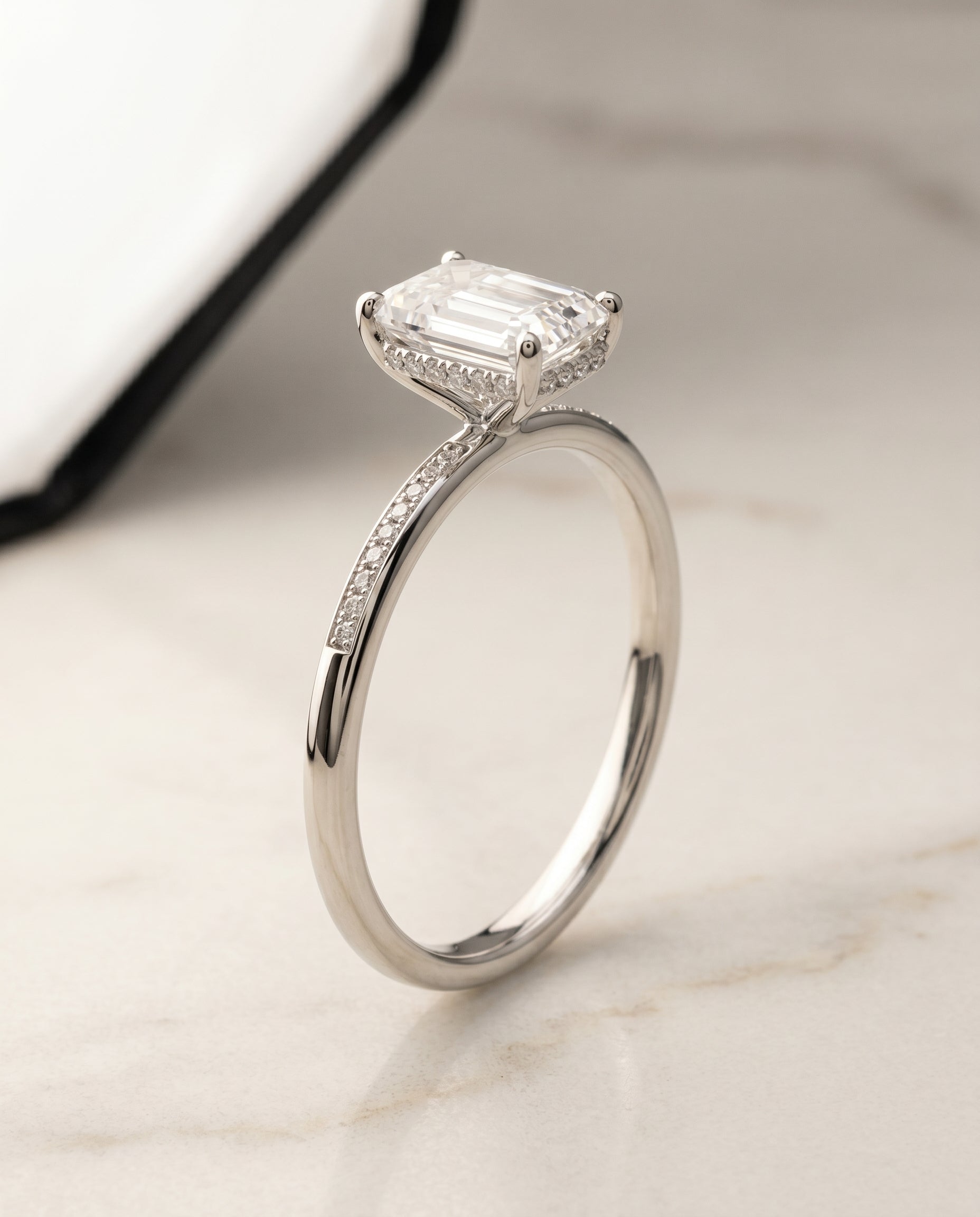High Hidden Halo Solitaire Cut styling on The Brenda emerald engagement ring setting | RockHer