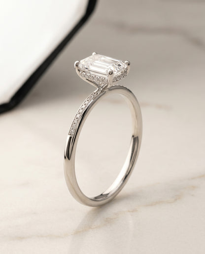 The Brenda High Hidden Halo Solitaire Emerald Cut Engagement Ring Setting in Platinum