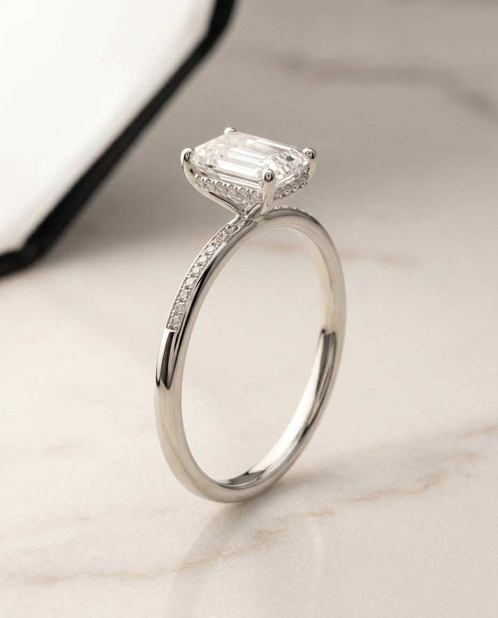 The Brenda Hidden Halo Engagement Ring Setting for Emerald Diamonds in 18K White Gold