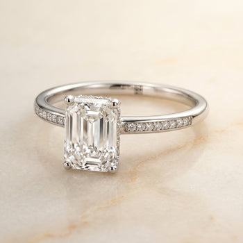 The Brenda High Hidden Halo Solitaire Emerald Cut Engagement Ring Setting in 18K White Gold