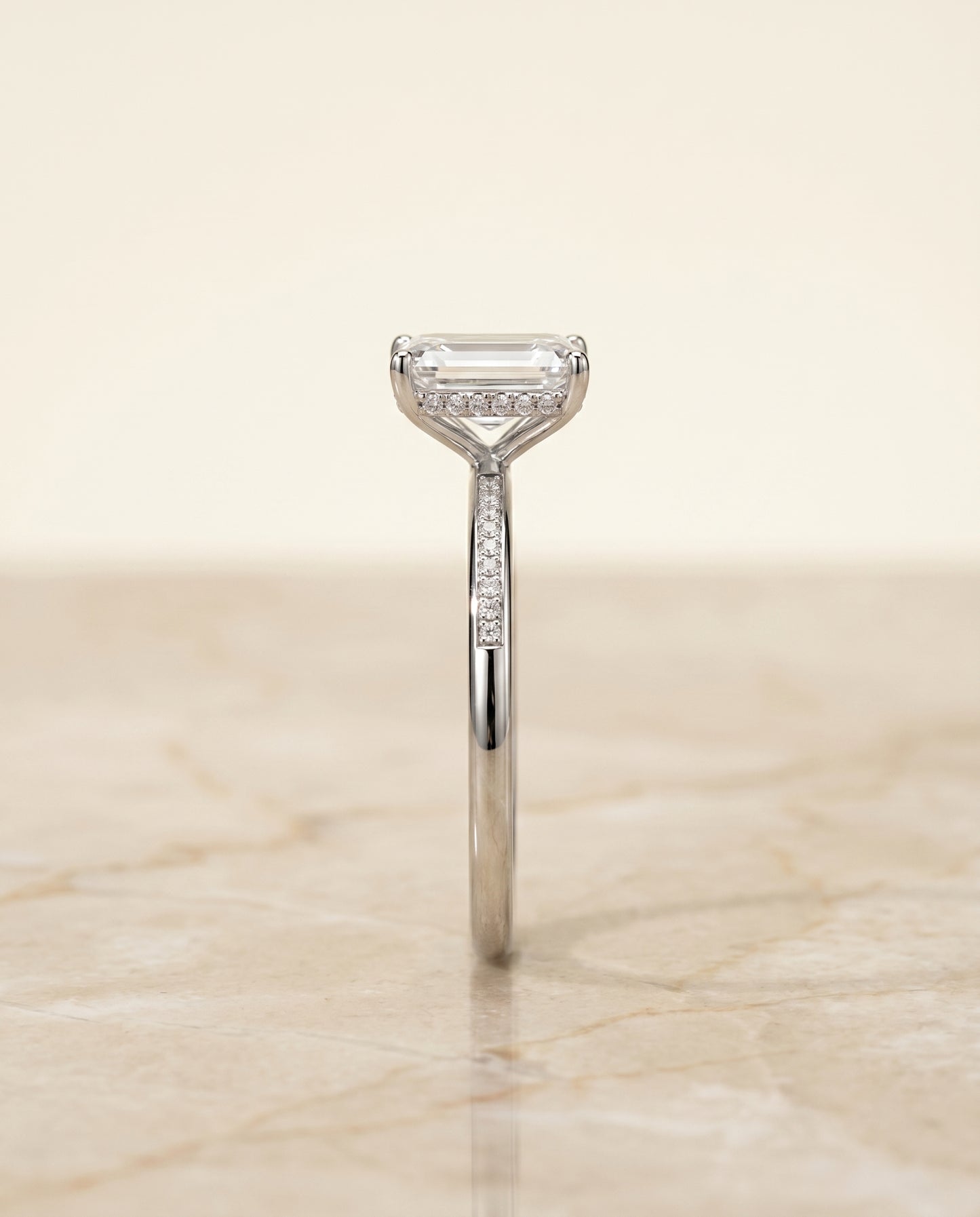 The Brenda Hidden Halo Engagement Ring Setting for Emerald Diamonds in 18K White Gold