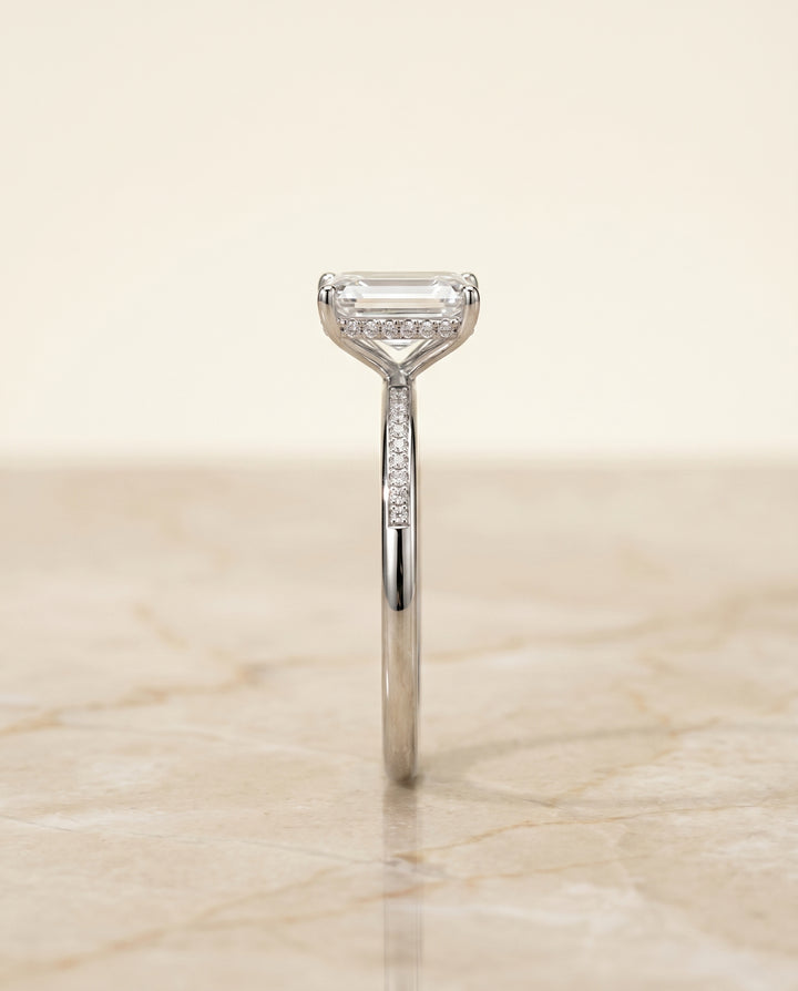 The Brenda Hidden Halo Engagement Ring Setting for Emerald Diamonds in 18K White Gold