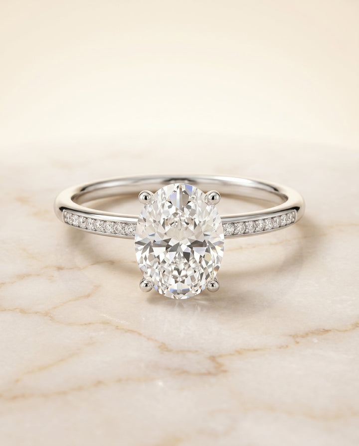 Brenda Select High Hidden Halo Solitaire Oval Lab Diamond Engagement Ring in 18K White Gold, alternate angle | RockHer