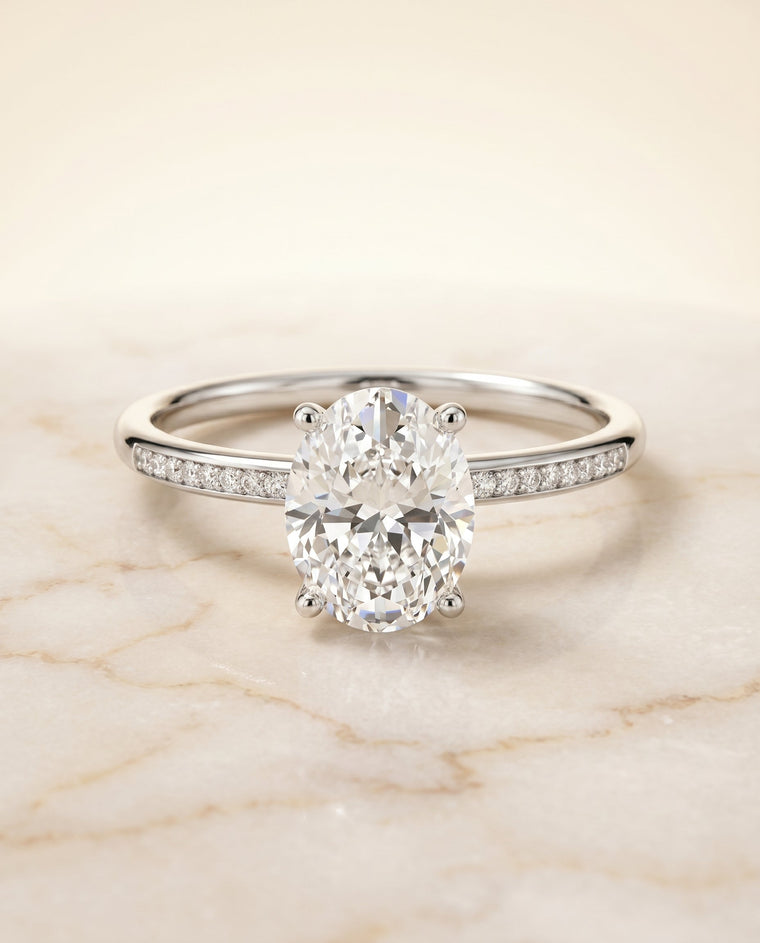 The Brenda Select High Hidden Halo Solitaire Oval Lab Diamond Engagement Ring in 18K White Gold