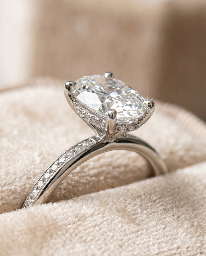 The Brenda Hidden Halo Solitaire Engagement Ring Setting for Oval Diamonds in 18K White Gold