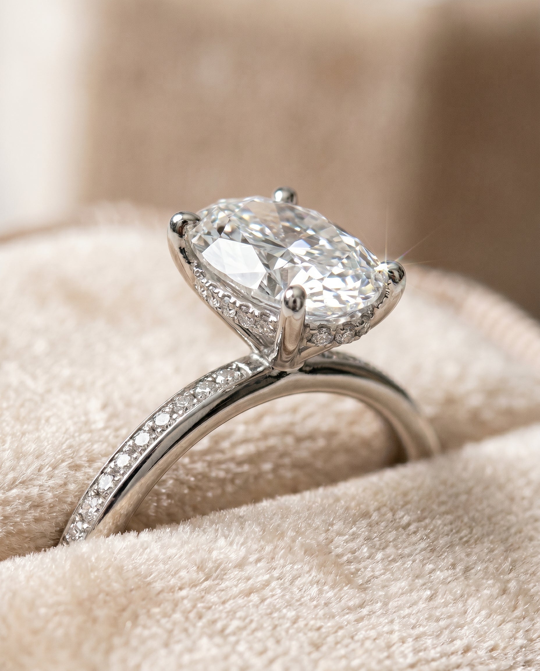 Brenda Select High Hidden Halo Solitaire Oval Lab Diamond Engagement Ring in Platinum, detail view | RockHer