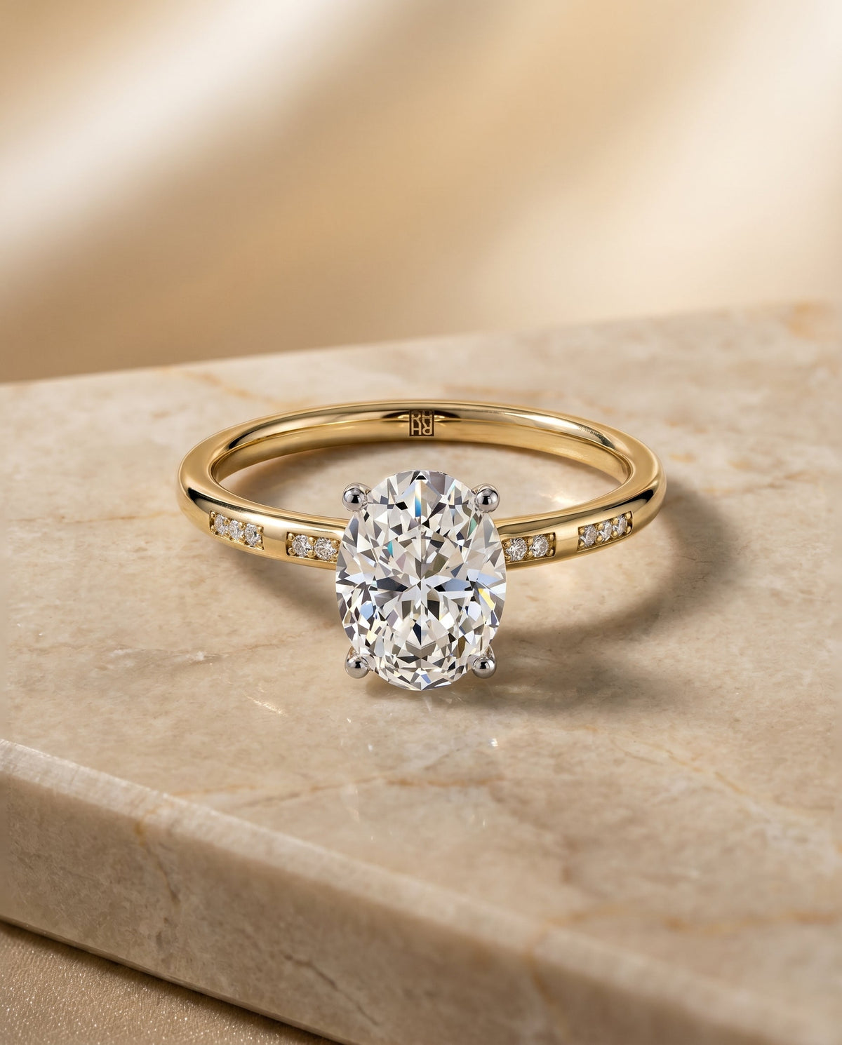 Wanda Select Hidden Halo Pavé Solitaire Oval Lab Diamond Engagement Ring in 18K Yellow Gold, alternate angle | RockHer