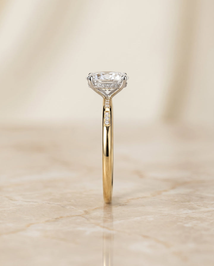 Wanda Select Hidden Halo Pavé Solitaire Oval Lab Diamond Engagement Ring in 18K Yellow Gold, side view | RockHer