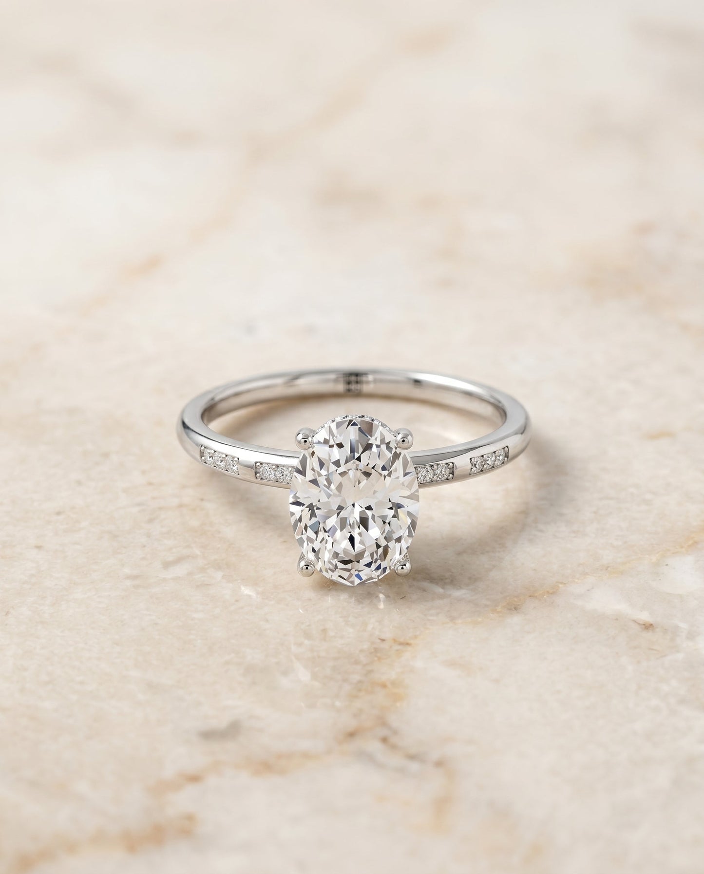 Wanda Select Hidden Halo Pavé Solitaire Oval Lab Diamond Engagement Ring in Platinum, alternate angle | RockHer