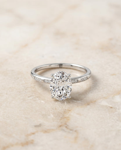 Wanda Select Hidden Halo Pavé Solitaire Oval Lab Diamond Engagement Ring in Platinum, alternate angle | RockHer
