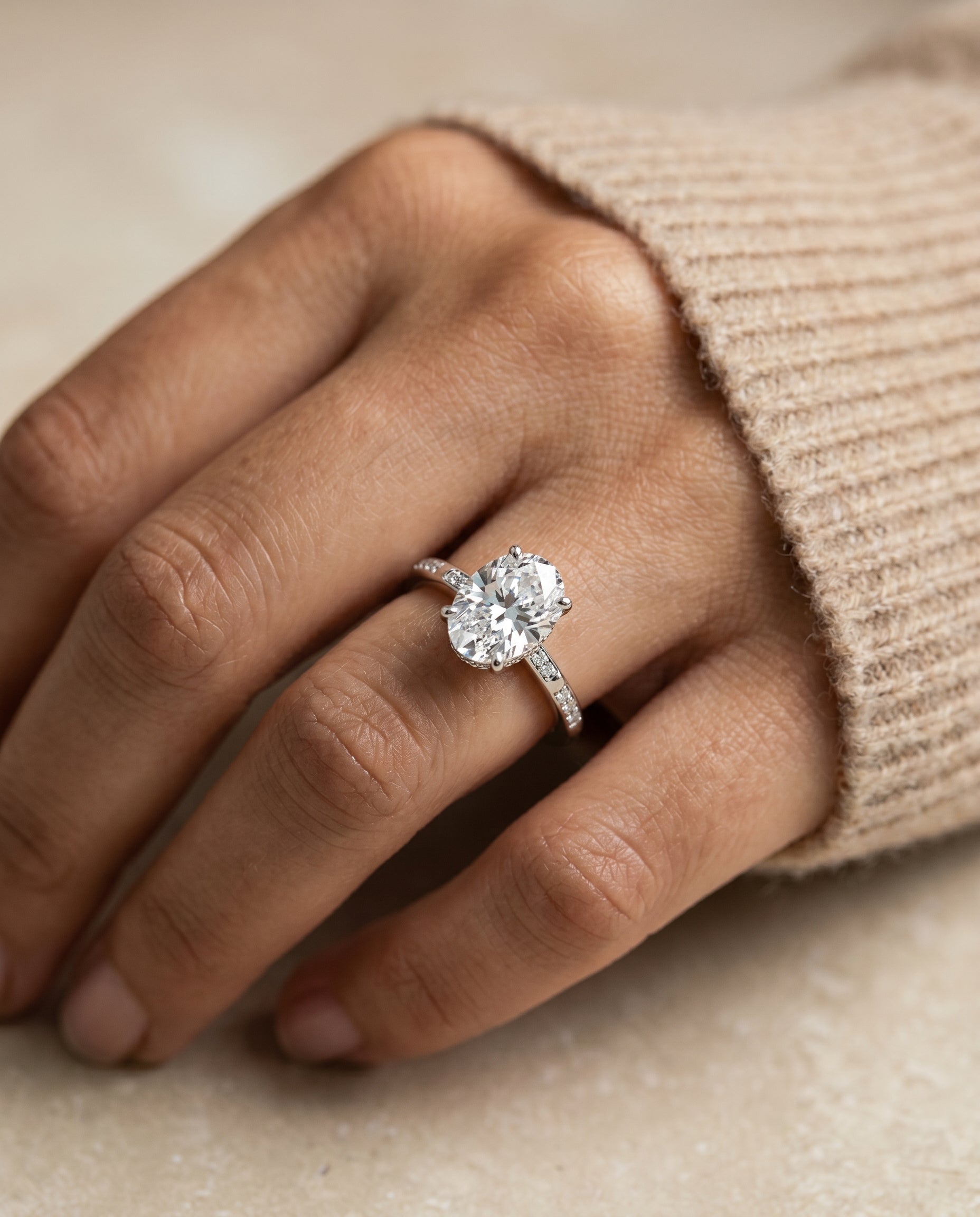 The Wanda engagement ring setting in 18K White Gold, hidden halo pavé solitaire design | RockHer