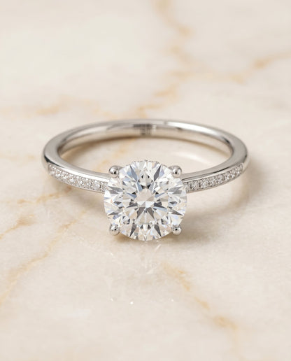Brenda Select High Hidden Halo Solitaire Round Lab Diamond Engagement Ring in 14K White Gold, alternate angle | RockHer