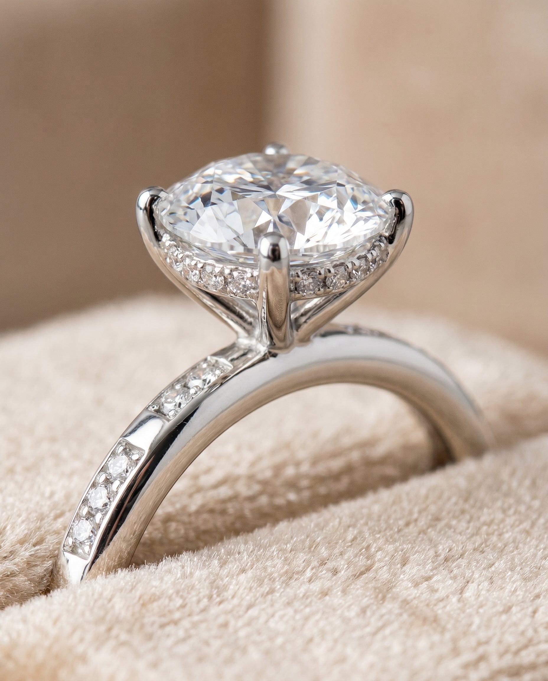 Wanda Select Hidden Halo Pavé Solitaire Round Lab Diamond Engagement Ring in Platinum, detail view | RockHer