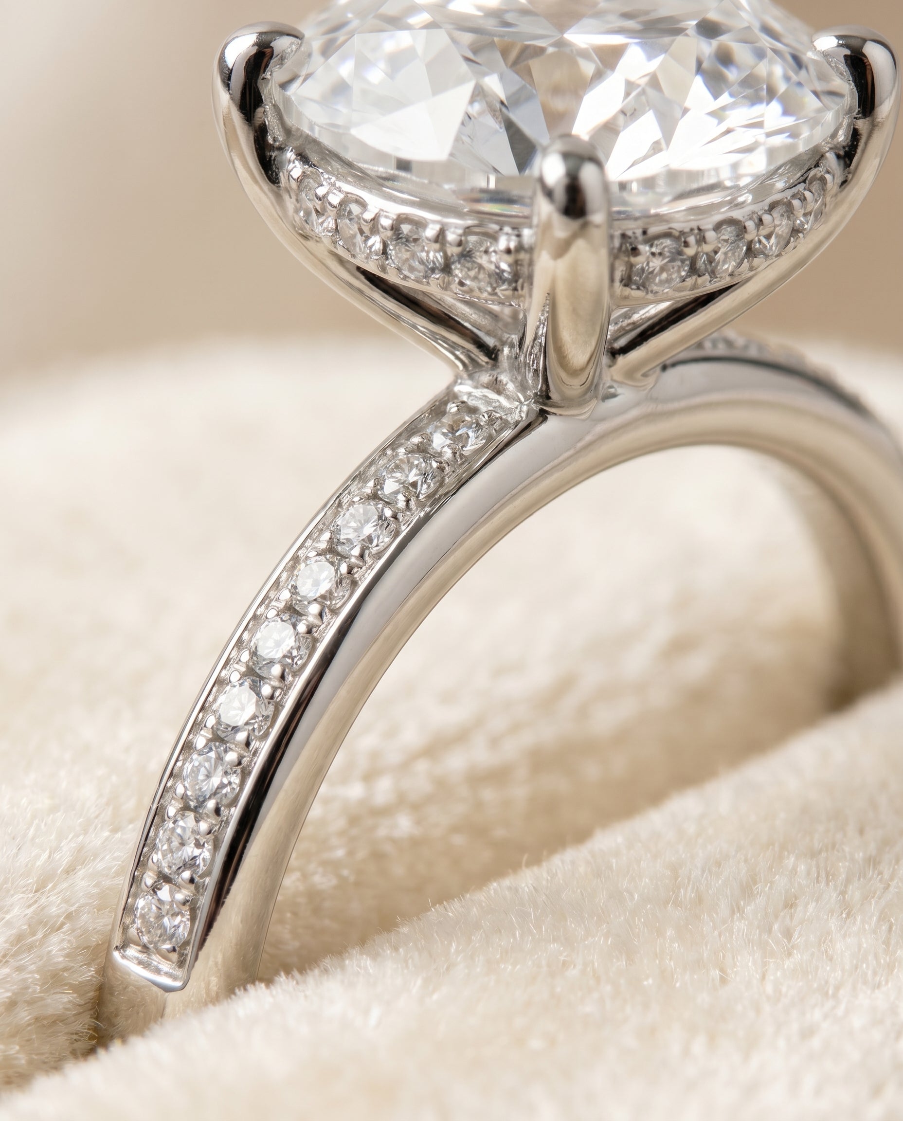 Brenda Select High Hidden Halo Solitaire Round Lab Diamond Engagement Ring in Platinum, detail view | RockHer