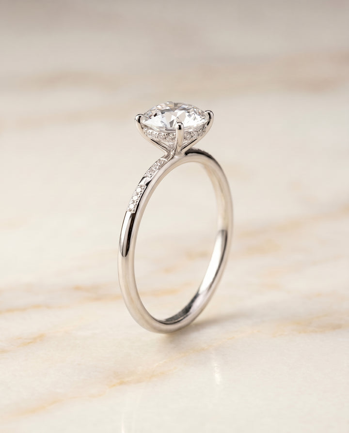 The Wanda Hidden Halo Pavé Solitaire Round Engagement Ring Setting in 18K White Gold