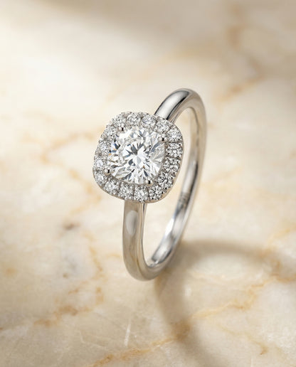 High Polish Simple Halo Cushion, in 18K White Gold, prong setting – angled view | RockHer