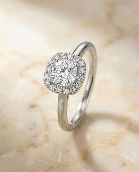 High Polish Simple Halo Cushion Engagement Ring Setting in 18K White Gold