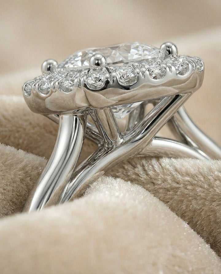 High Polish Simple Halo Cushion, in 18K White Gold, prong setting – detail view | RockHer