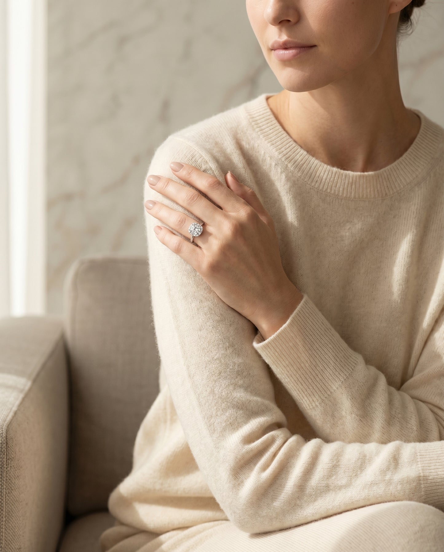 High Polish Simple Halo Cushion, in 18K White Gold, prong setting – lifestyle shot | RockHer