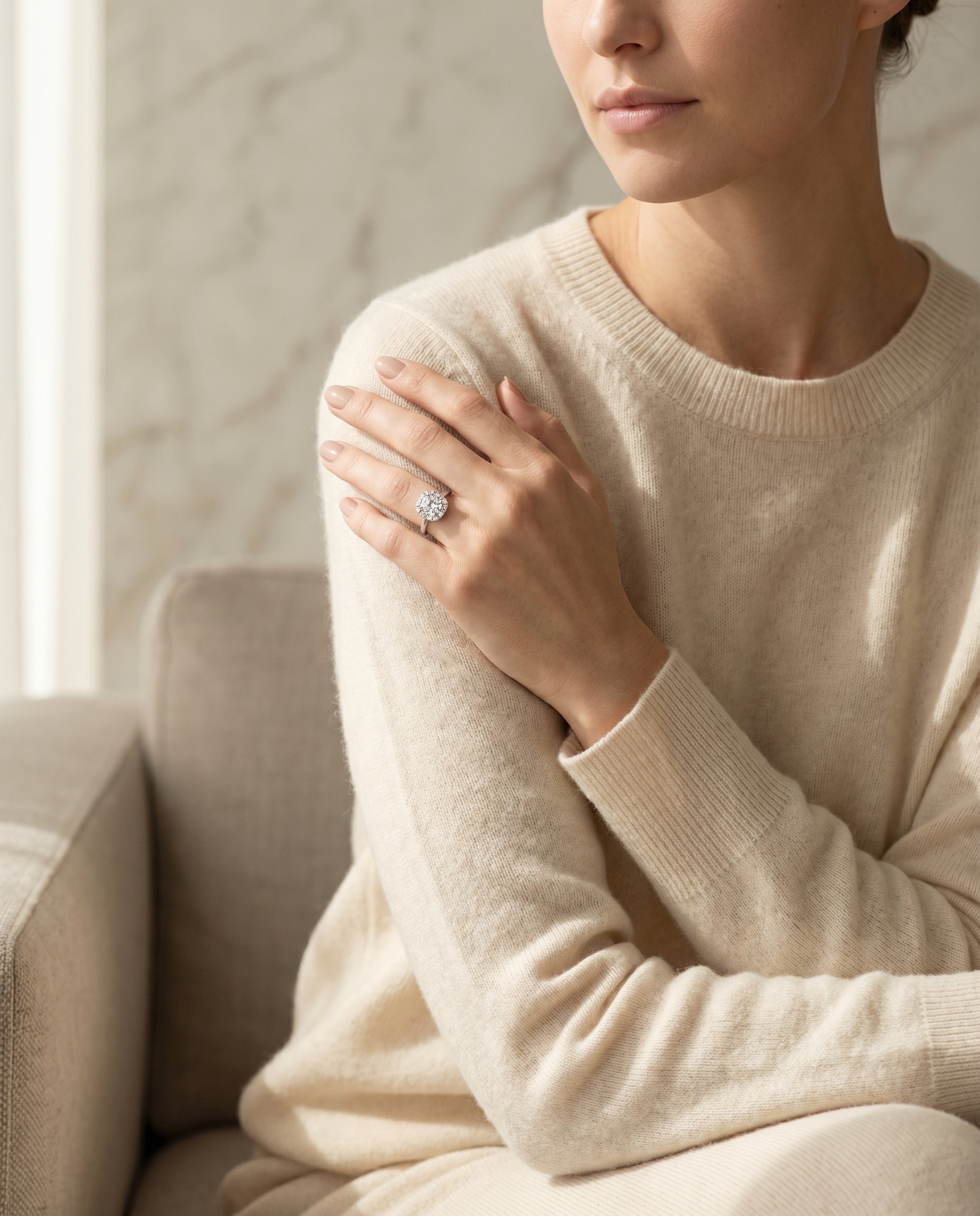 The Amy cushion setting in 18K White Gold, a high polish simple halo cut design from RockHer