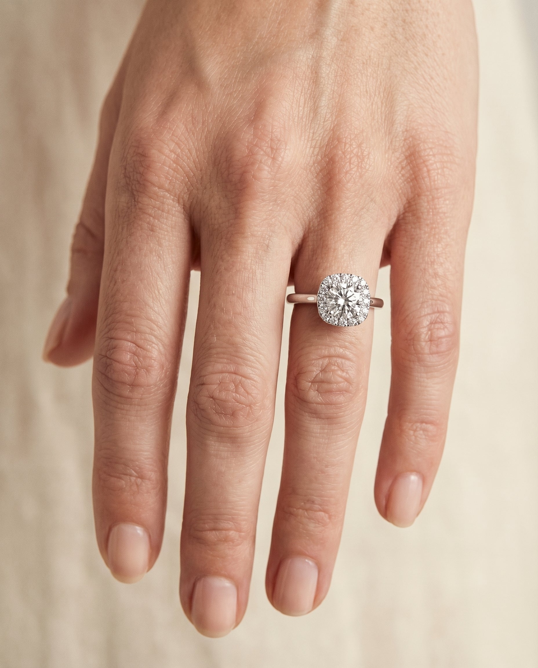 The Amy high polish simple halo cut engagement ring setting, shown in 18K White Gold | RockHer