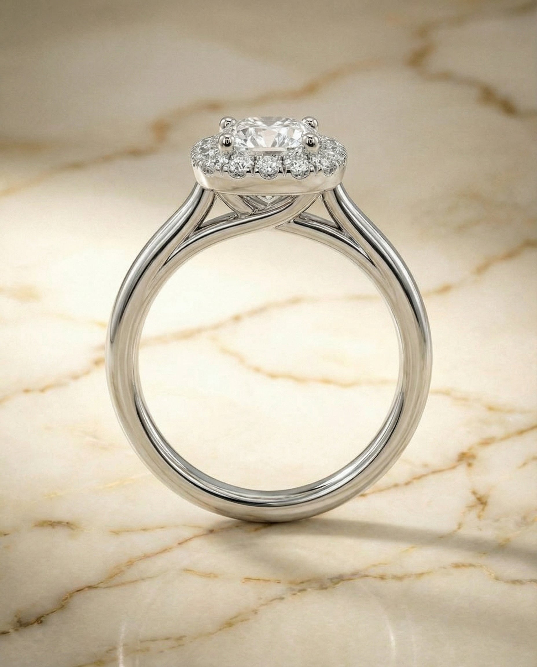 The Amy engagement ring setting in 18K White Gold, high polish simple halo cut design | RockHer