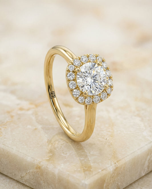 High Polish Simple Halo Cushion, in 18K Yellow Gold, prong setting – front view | RockHer