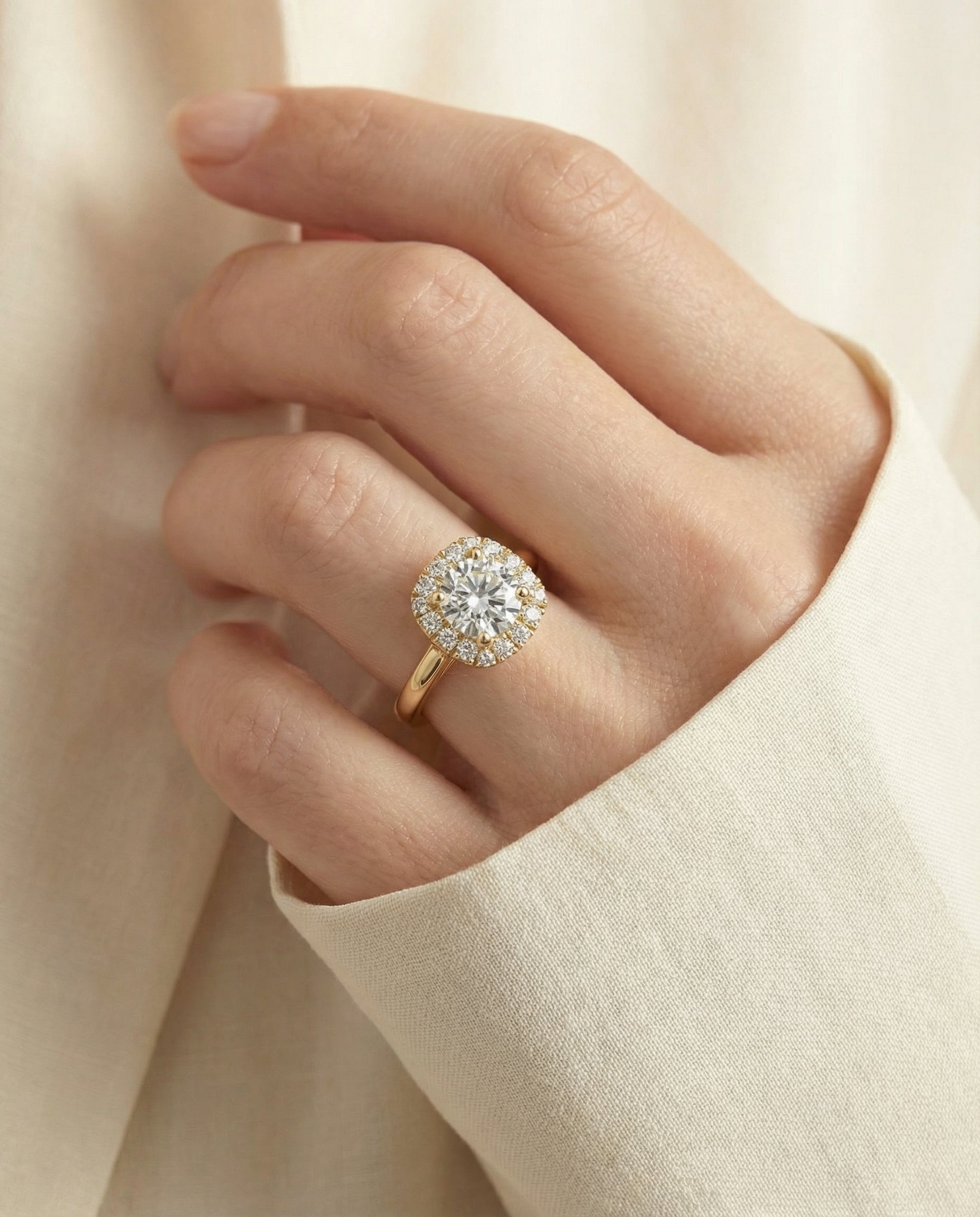 The Amy engagement ring setting in 18K Yellow Gold, select high polish simple halo cut design | RockHer