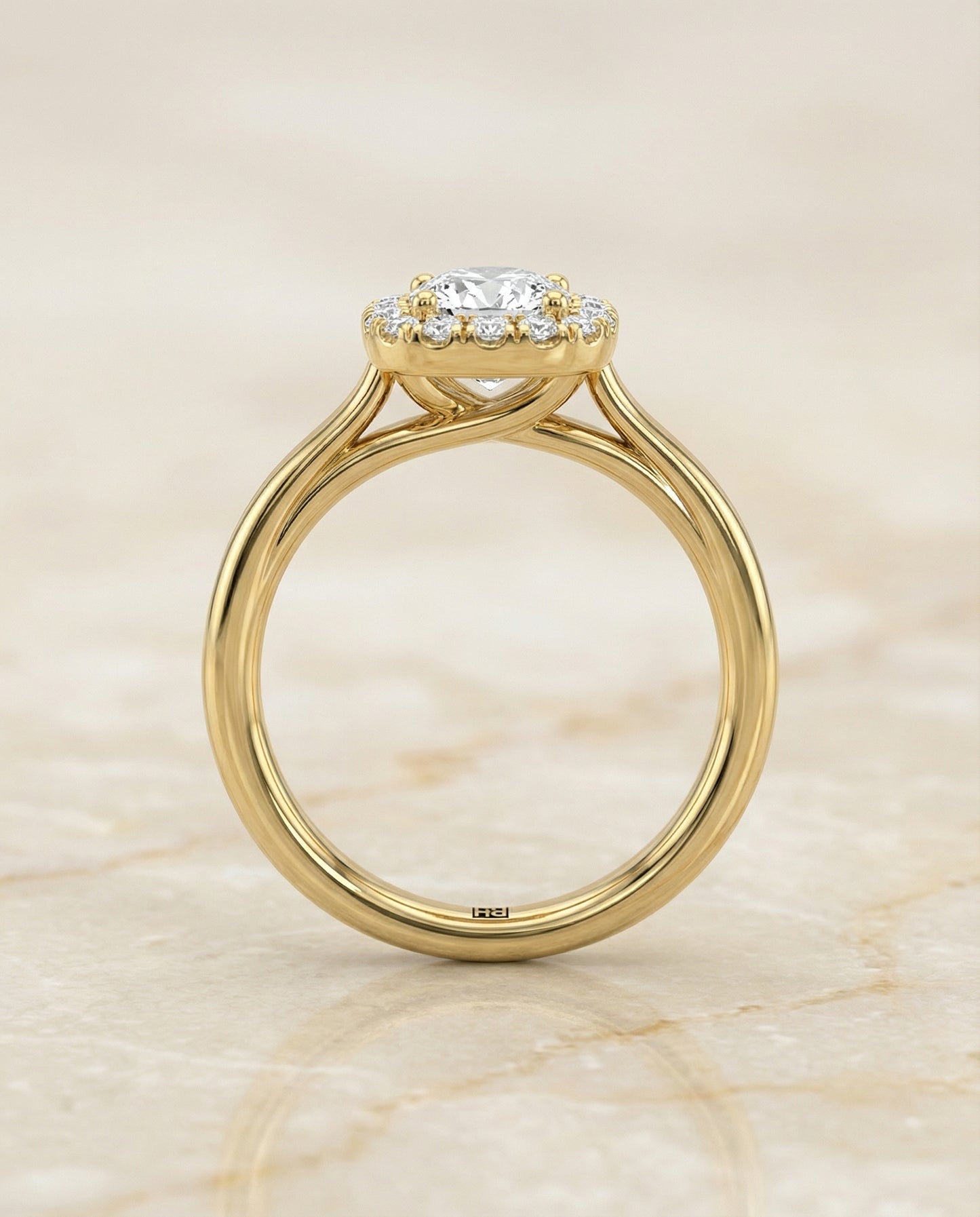 High Polish Simple Halo Cushion, in 18K Yellow Gold, prong setting – side profile | RockHer