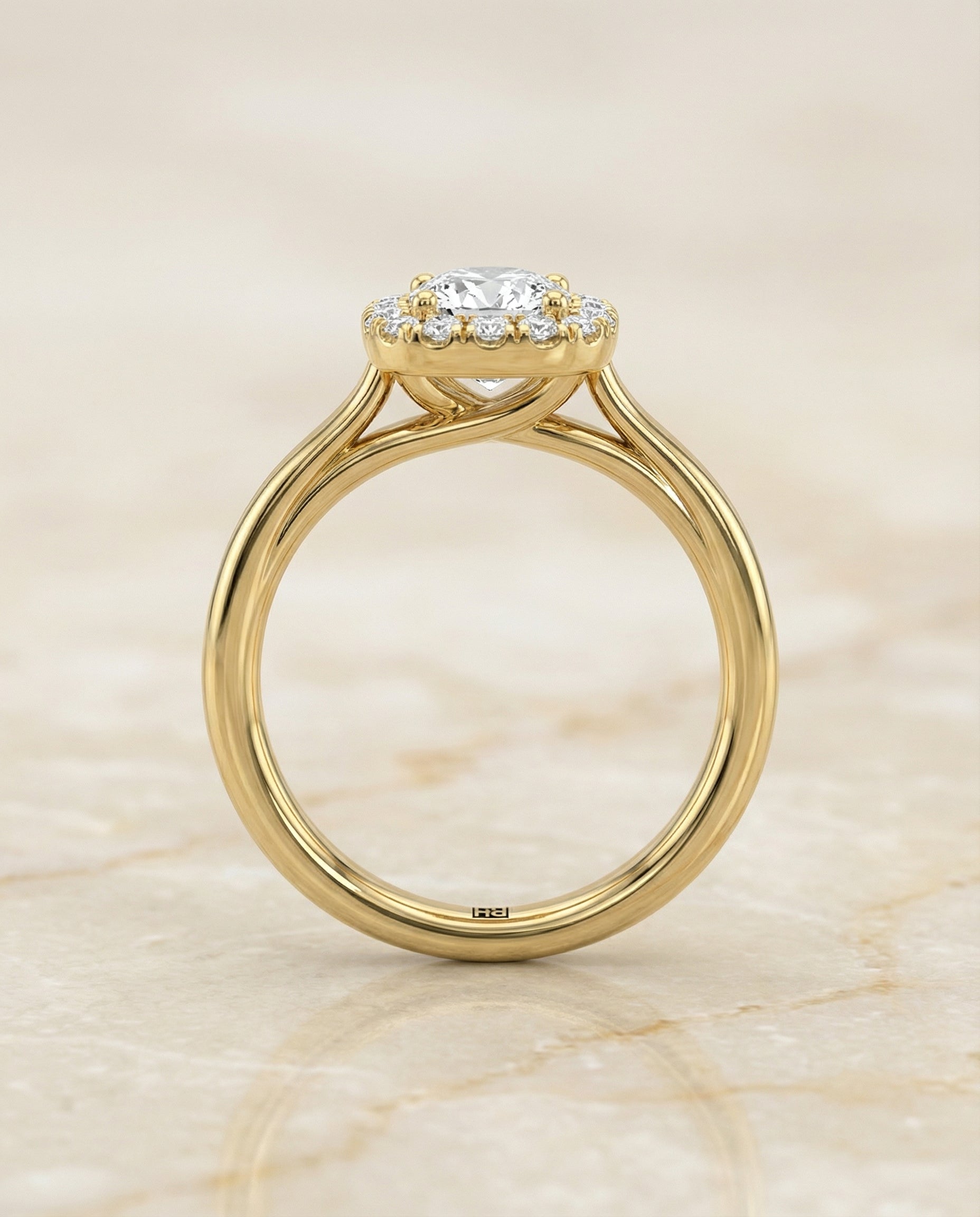 The Amy engagement ring setting in 18K Yellow Gold, high polish simple halo cut design | RockHer