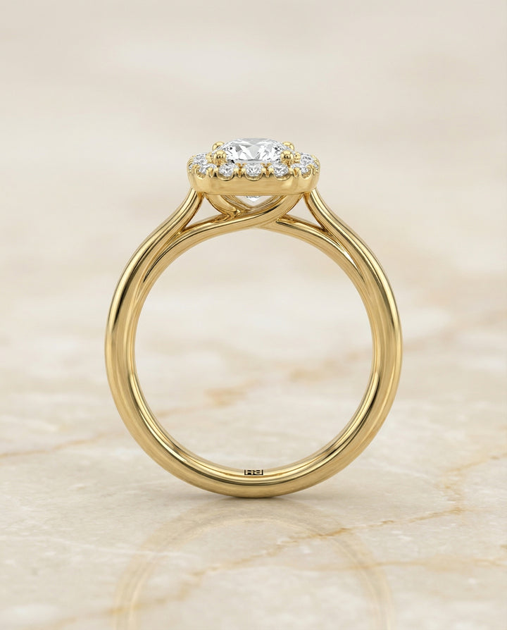 High Polish Simple Halo Cushion, in 18K Yellow Gold, prong setting – side profile | RockHer