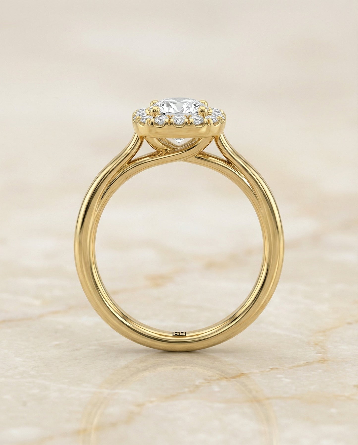 Amy Select high polish simple halo cushion cushion ring in 18K Yellow Gold — side — RockHer