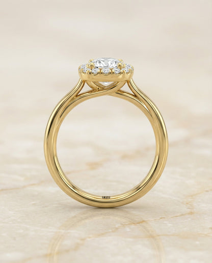 Amy Select high polish simple halo cushion cushion ring in 18K Yellow Gold — side — RockHer
