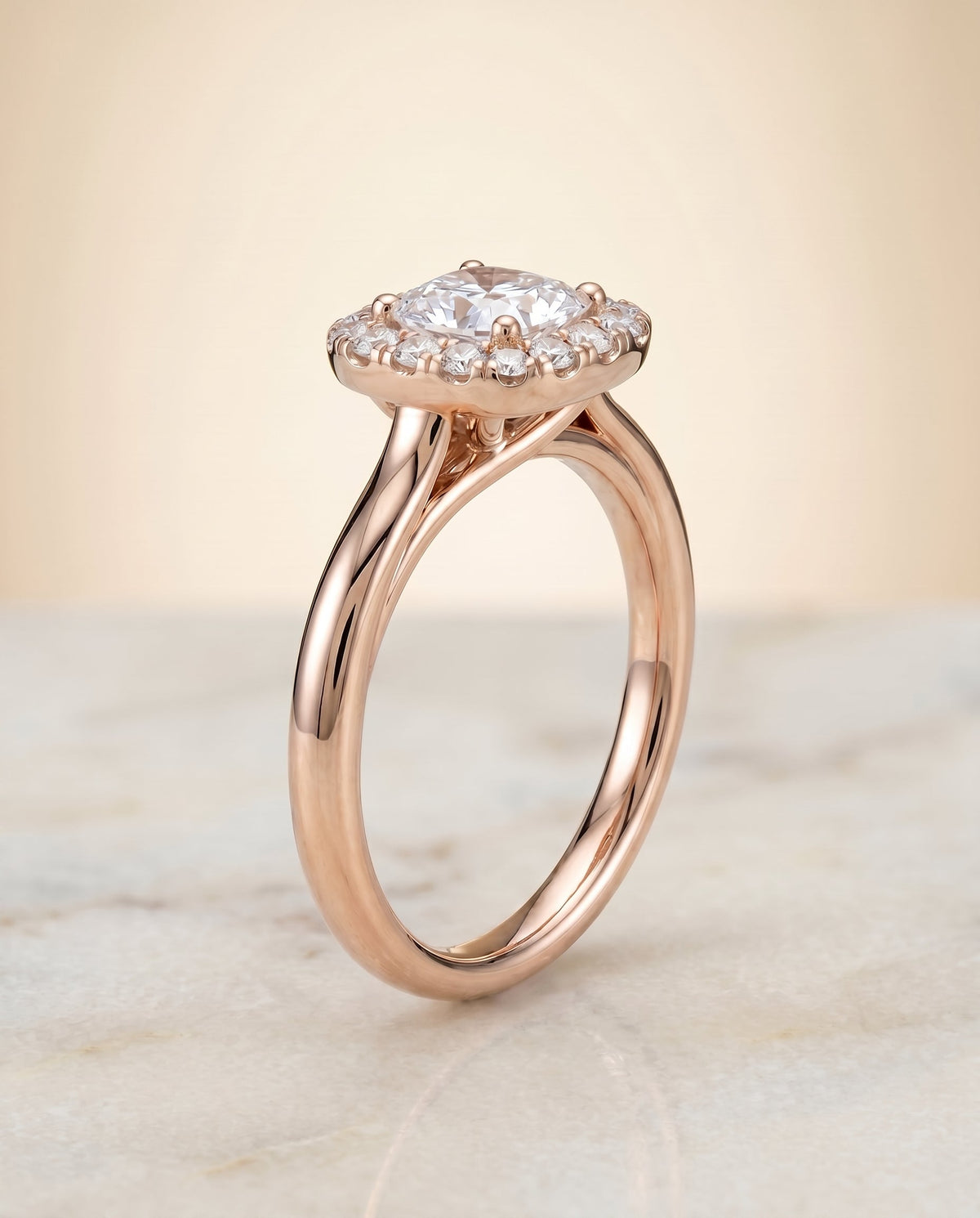 Amy Select High Polish Simple Halo Cu Cushion Cut Lab Diamond Engagement Ring in 18K Rose Gold, front view | RockHer