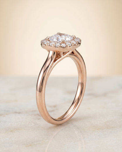 Amy Select High Polish Simple Halo Cu Cushion Cut Lab Diamond Engagement Ring in 18K Rose Gold, front view | RockHer