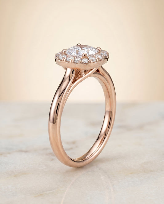 Amy high polish simple halo engagement ring in 18K rose gold with cushion lab diamond — RockHer