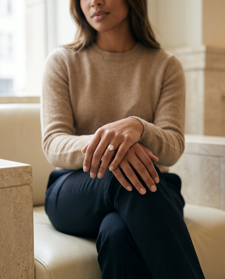 Cushion, High Polish Simple Halo, in 18K Rose Gold, prong setting – lifestyle shot | RockHer